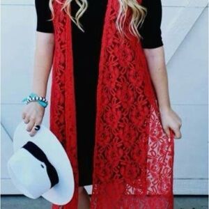Beautiful Stretchy Red Lace Duster Vest